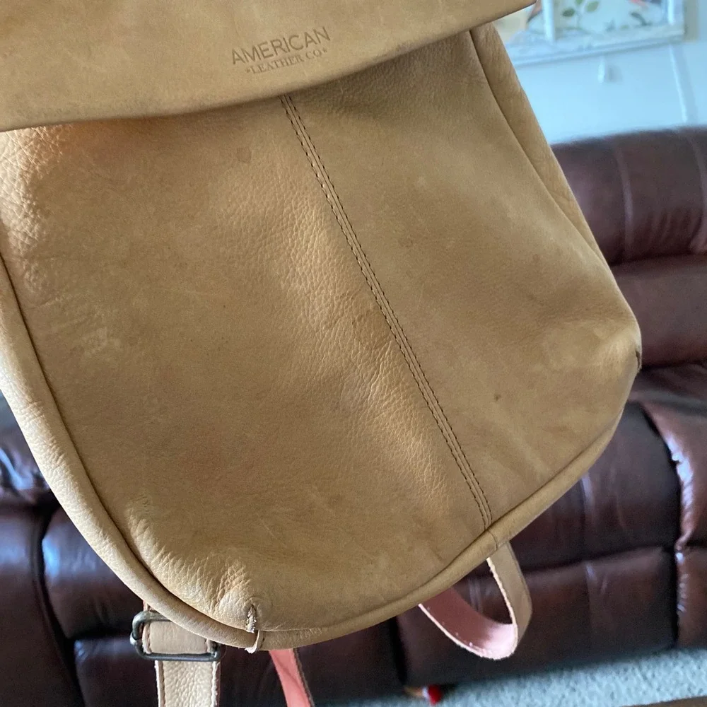 American Leather Co Tan Pebbled Leather Mini Backpack Bag Adjustable Straps*